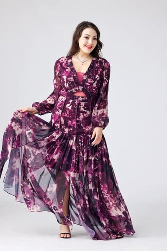 فستان سهرة شيفون مشجر مع خطوط كرستال وكسرات من الأ...