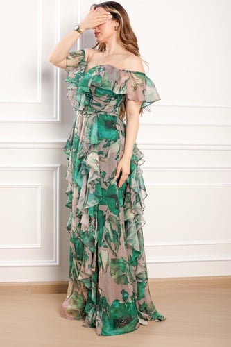 فستان خامة شيفون حرير لو اخضر درابية اوف شولدر