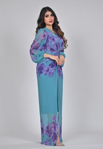 فستان مشجر طويل لون سماوي شيفون