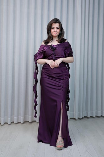 فستان سهرة طويل كريب اوف شولدر