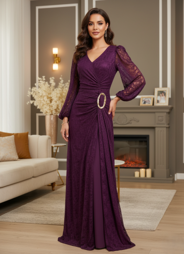 فستان سهرة دانتيل ناعم برغندي - بقصة مميزة