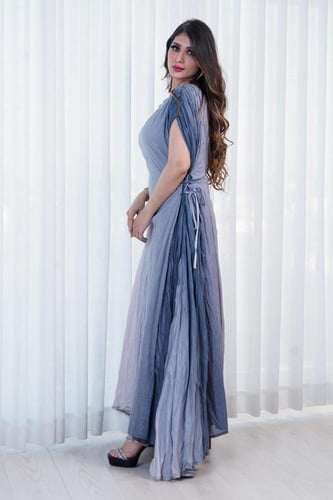 جلابية كويتية وسعة لون رمادي مموج قماش مكسر