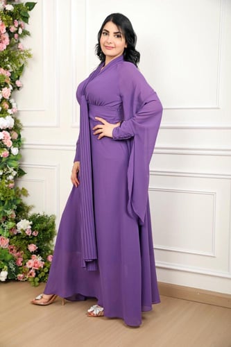 فستان طويل لون موف قماش كريب باكمام طويله على كسرا...