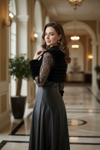 فستان أسود لامع بكرستالات وجاكيت دانتيل وفرو ناعم