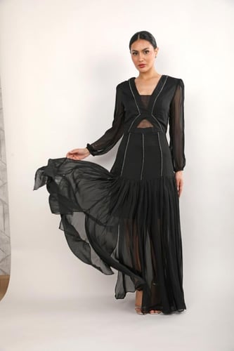 فستان سهرة شيفون حرير كسرات مع خطوط كرستال