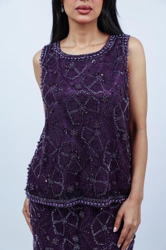 طقم سهرة بنفسجي مطرز بكريستال فاخر