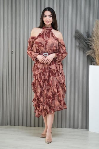 فستان ميدي شيفون مشجر اكمام طويلة ودرابية من الاسف...