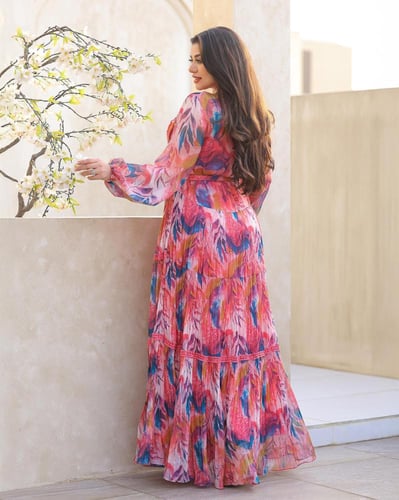 جلابية شيفون مشجرة فاخرة مع شك كريستال بالصدر وحزا...