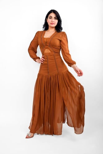 فستان سهرة شيفون حرير مع خطوط كرستال وقصة كسرات من...