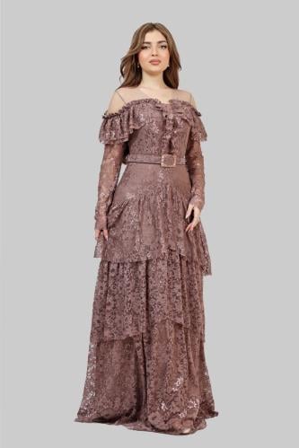 فستان سهره دانتيل بأكمام طويلة وحزام أنيق