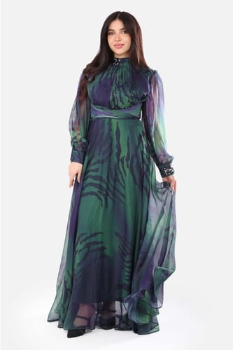 فستان شيفون طويل مشجر بأكمام شفافة وتصميم أنيق