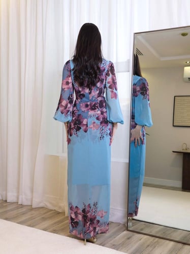 فستان مشجر طويل لون سماوي شيفون