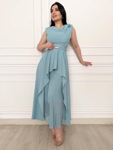 فستان ناعم كريب ومن الاسفل شيفون مكسر لون تيفاني