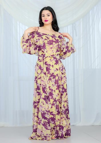 فستان مشجر شيفون بقصة أوف شولدر