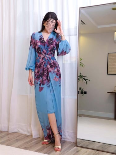 فستان مشجر طويل لون سماوي شيفون