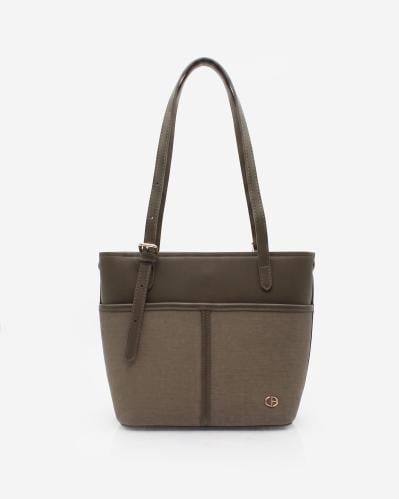 Women's olive-colored shoulder bag with a small wallet