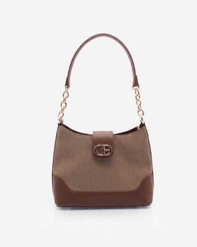 Women's shoulder bag, coffee-colored canvas with a gold chain