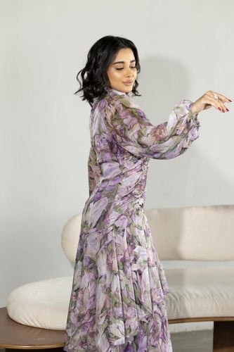 فستان شيفون مشجر درابية اكمام طويلة