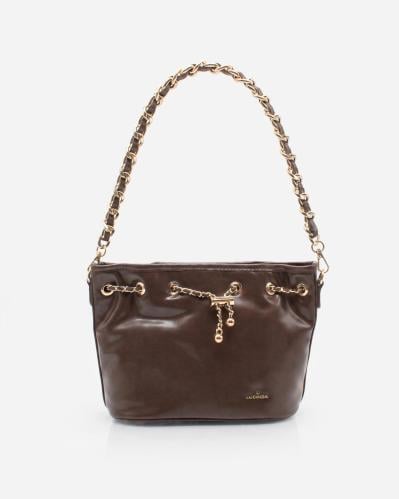 Women's shoulder bag, coffee-colored leather with a gold chain