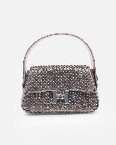 Women's gray evening bag decorated with pearls and rhinestones