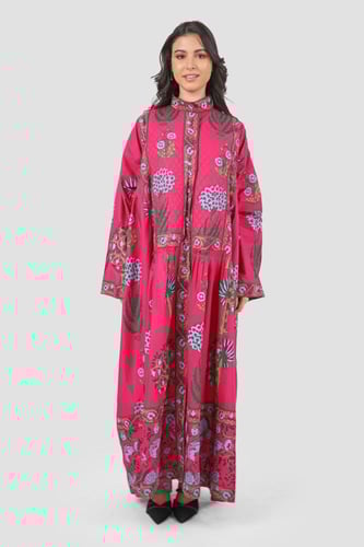 جلابية كويتية لون زهري مشجرة اكمام طويلة