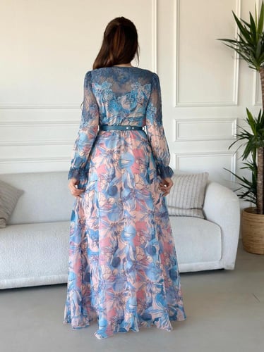 فستان طويل لف قماش شيفون مشجر اكمام طويله وبالكتف...