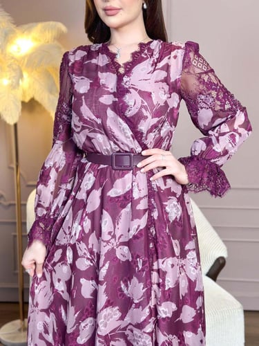 فستان سهرة شيفون مشجر بأكمام دانتيل طويلة وفخمة