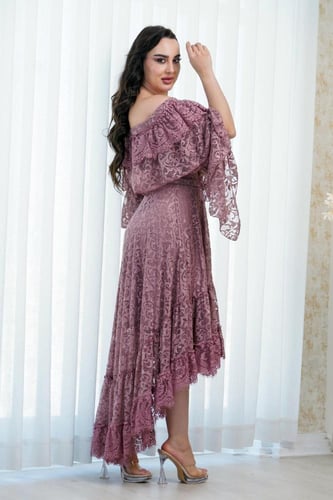 فستان اوف شولدر دانتيل ميدي لون زهري