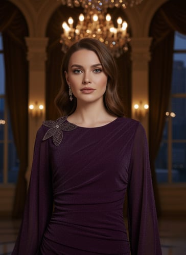 فستان سهرة برغندي جورسيه لامع بتصميم دربيات وإكسسو...