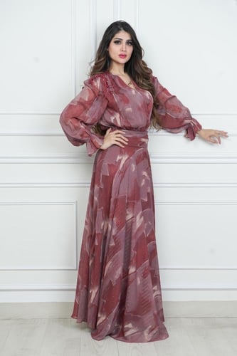 فستان شيفون مشجر طويل بإكسسوار بالكتف