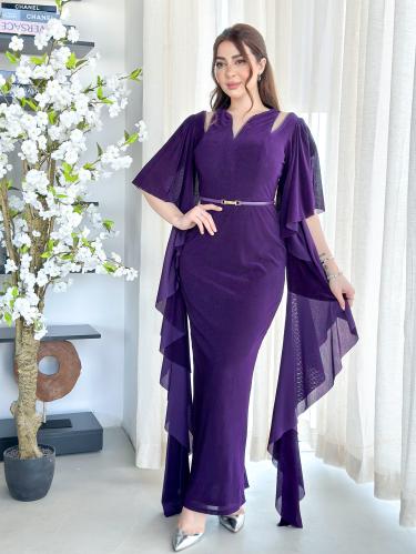 فستان سهرة موف بأكمام طويلة وواسعة بتصميم ملكي