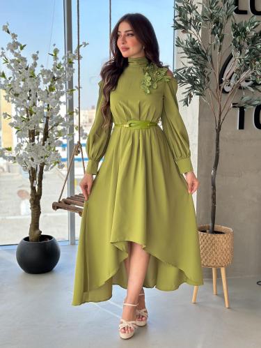 فستان ليموني مزين بالكتف بورود ثلاثية الابعاد اكما...