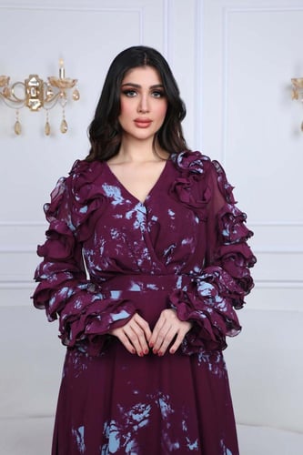 فستان شيفون مشجر طويل مزيين بالاكمام