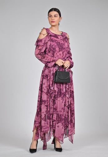 فستان سهرة طويل شيفون مشجر باكسسوار بالكتف