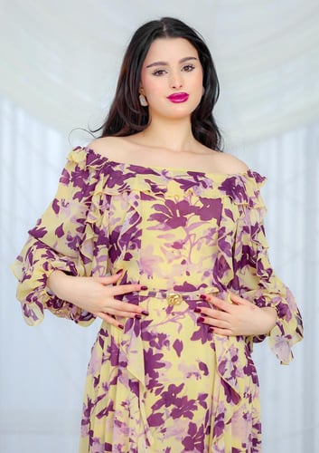 فستان مشجر شيفون بقصة أوف شولدر