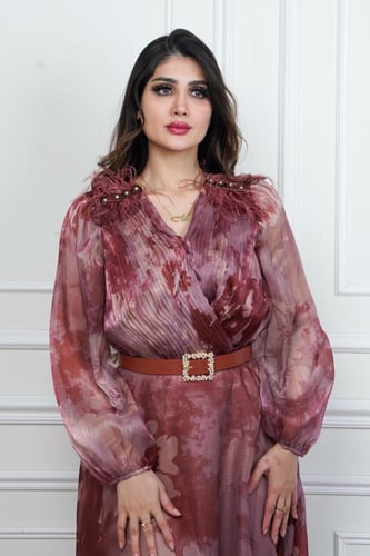 فستان شيفون مشجر طويل بورود ثلاثية الابعاد