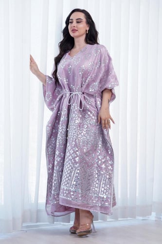 جلابية كويتية لون زهري قماش اورجانزا على ربطة بالخ...