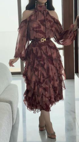 فستان ميدي شيفون مشجر اكمام طويلة ودرابية من الاسف...