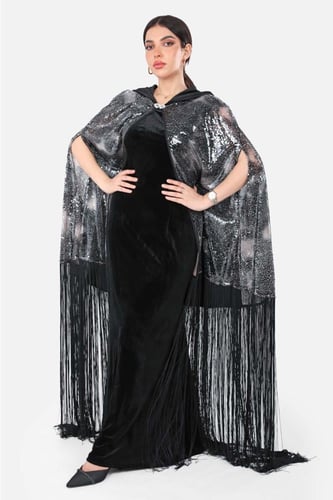 قفطان سهرة مخمل مع وشاح ترتر ومن الاسفل هدب