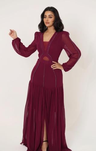 فستان سهرة شيفون حرير مع خطوط كرستال وقصة كسرات من...