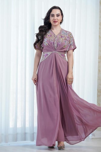 جلابية سهرة زهري شيفون مزينة بشك وترتر يدوي