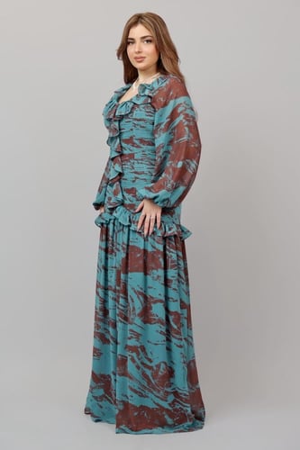 فستان شيفون جورجيت بنقشة مميزة ودرابيه أنيقة