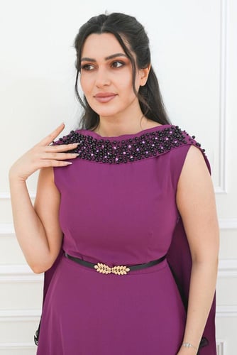 فستان سهرة طويل قماش كريب مع وشاح