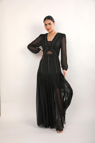 فستان سهرة شيفون حرير مع خطوط كرستال وقصة كسرات من...