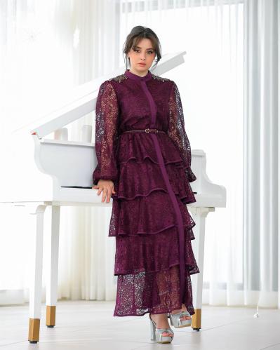 فستان سهرة برغندي دانتيل بطبقات مزين بكرستال على ا...