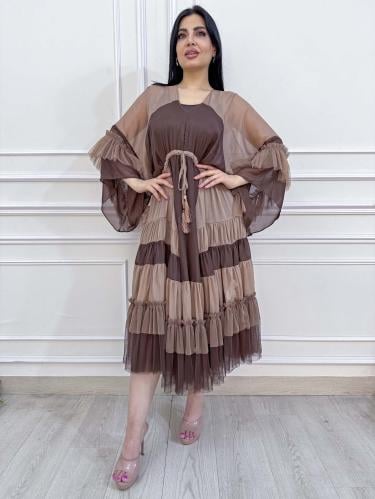 فستان ميدي ناعم اورجانزا وتل مع ربطة بالخصر