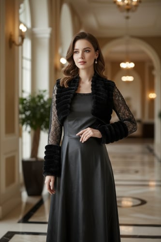 فستان أسود لامع بكرستالات وجاكيت دانتيل وفرو ناعم