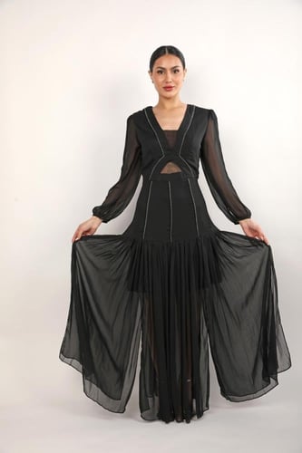 فستان سهرة شيفون حرير مع خطوط كرستال وقصة كسرات من...