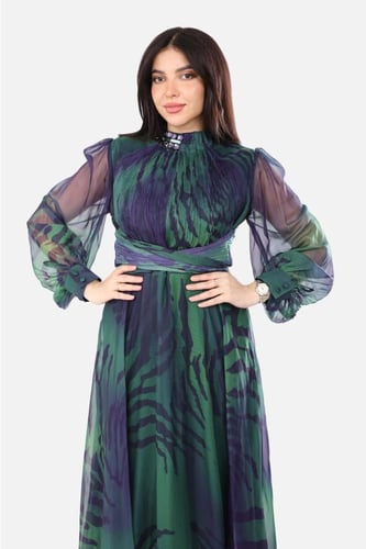 فستان شيفون طويل مشجر بأكمام شفافة وتصميم أنيق