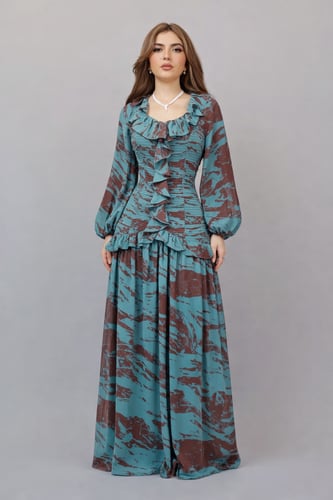 فستان شيفون جورجيت بنقشة مميزة ودرابيه أنيقة